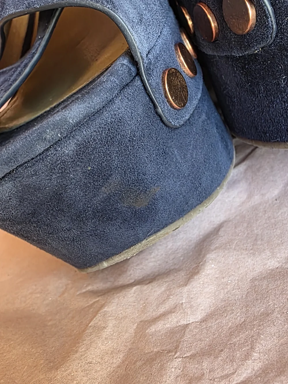 Marc Fisher Navy Suede Platform Wedge Sandals with Copper Studs